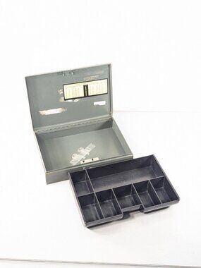 Vintage Industrial Gray Metal Money Lock Box with divider tray, Oxford portable